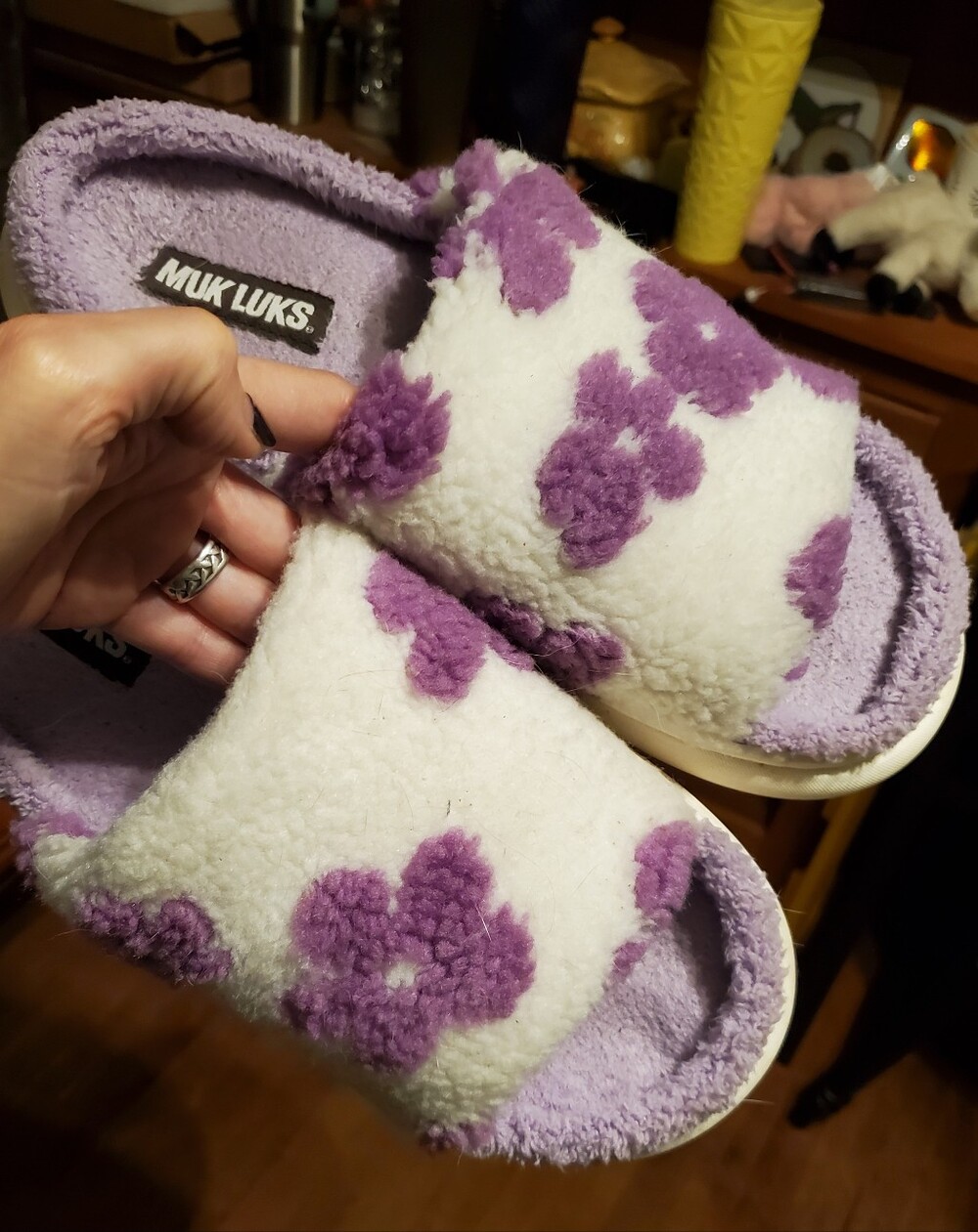 Muk Luks Lavender and White Floral Sherpa Slide Slippers